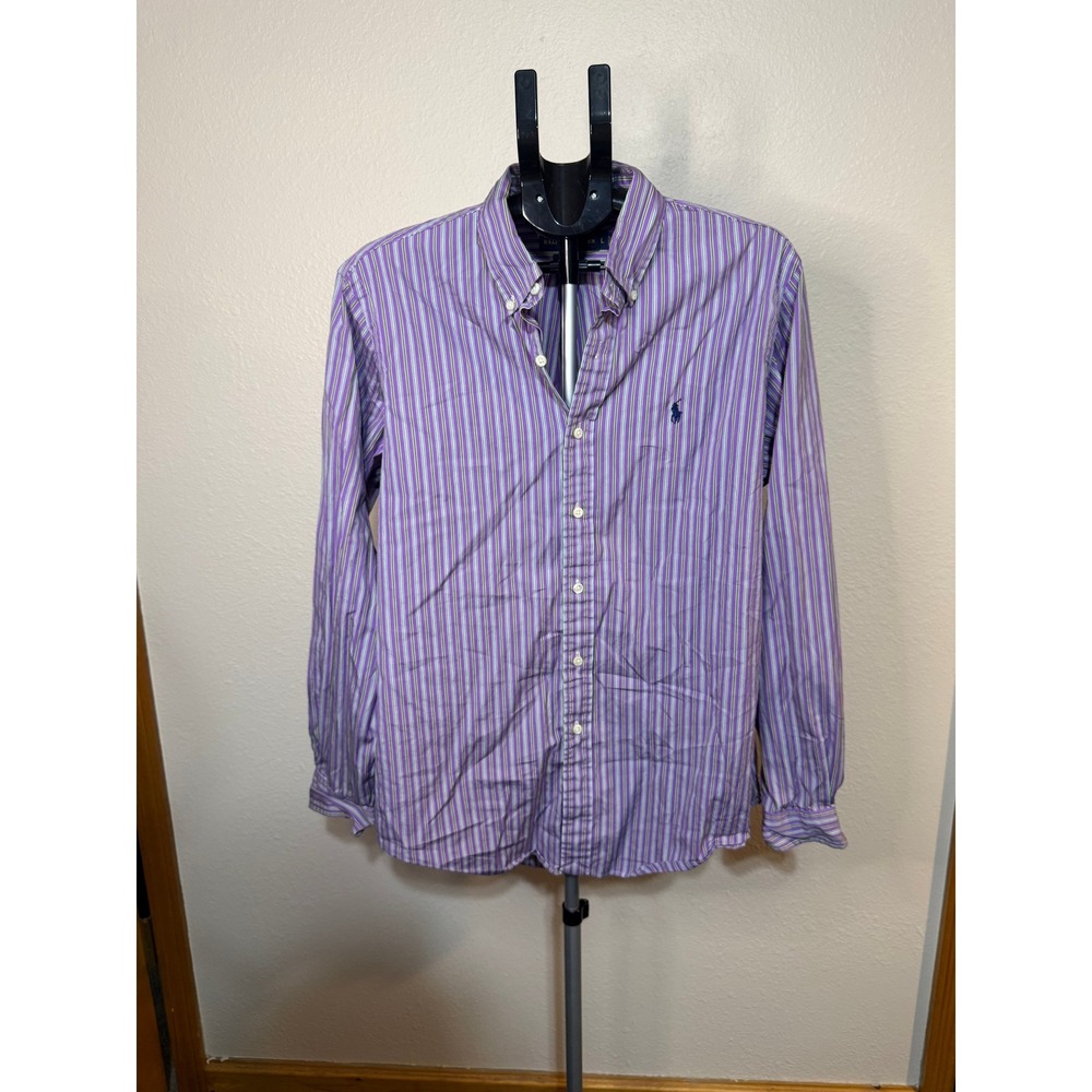 Ralph Lauren Mens 120s Poplin Button Down Shirt Purple Green Striped Large L